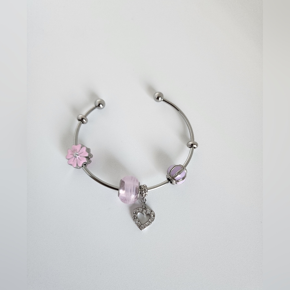Silver Color Gold Plated Charm Bracelet Pink Crystal Beads Heart Charm Adjustabl - Picture 4 of 6